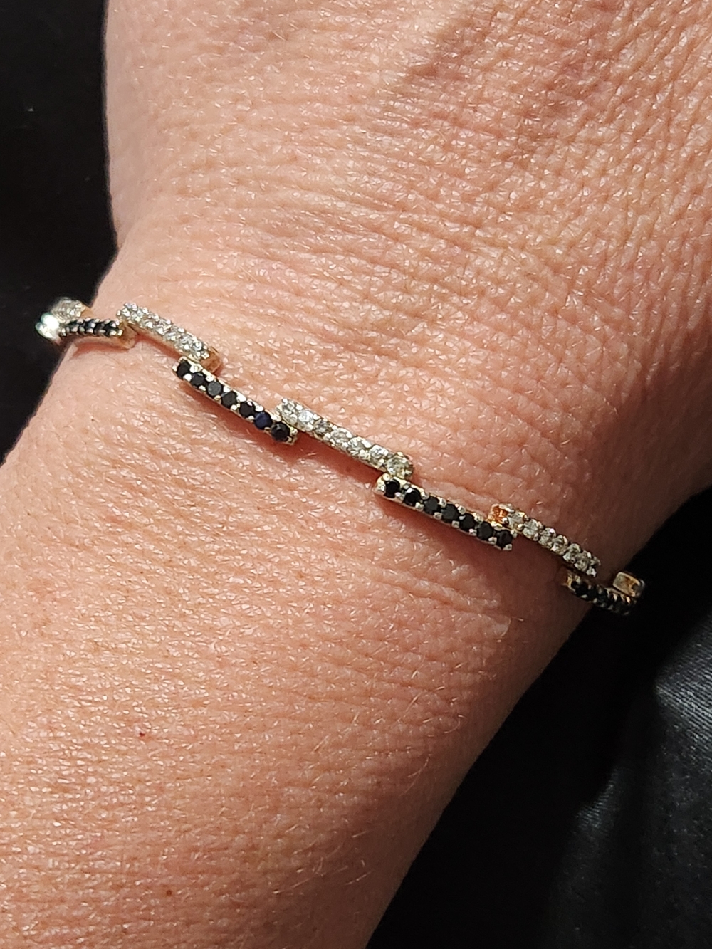 925 Sterling Silver Black & White Stone Zig-Zag Geometric Bar Link Bracelet